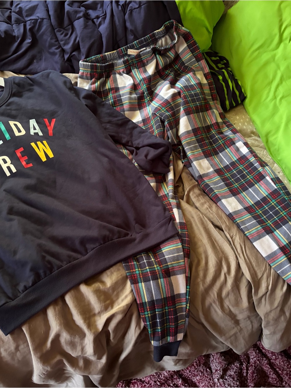 Navy Graphic Long-Sleeve Top & Multicolor Plaid Pajama Pants Set